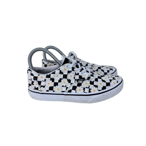 s-l400.jpg Vans Sneaker Shoes Women 5 Black White Checkered Daisy Print Rubber Sole Lace Up